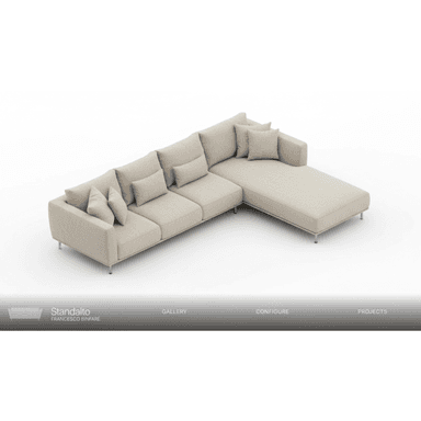 A modern, L-shaped sectional sofa with a chaise lounge extension. The sofa features multiple seat cushions and back cushions, with additional throw pillows. It is upholstered in a textured, light-colored fabric and supported by slender, metallic legs. — 3D model (AI enhanced source)