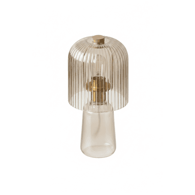 A contemporary table lamp featuring a smoked amber-tinted glass construction. The lamp consists of a cylindrical shade with prominent vertical fluting, resting on a smooth, tapered conical base. An exposed light bulb is visible inside the shade, housed within a brass-finished socket. A small, circular wooden finial caps the very top of the fluted shade. The design emphasizes texture and warm light diffusion. — 3D model (AI enhanced source)