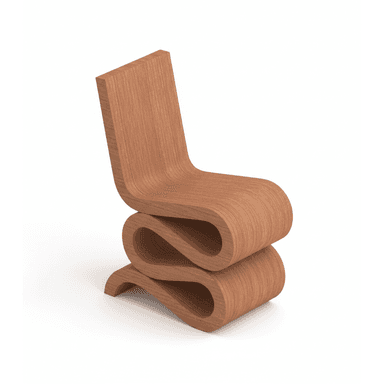 A chair made of bent plywood with a distinctive wavy or serpentine form, finished in natural wood grain. — 3D model (AI enhanced source)