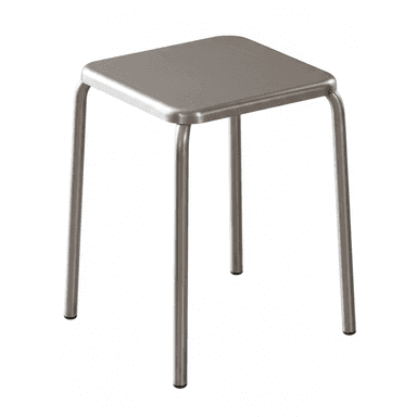 A minimalist square-top stool constructed entirely from brushed metal, featuring four straight tubular legs with rounded edges on the seat and rubber feet caps. — 3D model (AI enhanced source)