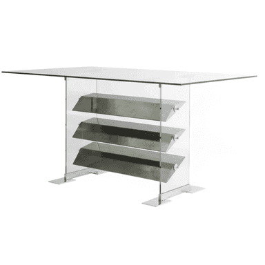 An elongated console table featuring a clear rectangular glass tabletop supported by two clear glass panel legs. Integrated between the glass legs are three horizontally oriented, slanted shelves made of brushed stainless steel. The entire structure rests on two flat, rectangular stainless steel bases at the bottom of the glass legs. — 3D model (AI enhanced source)