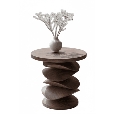 A unique end table with a circular top and a base composed of stacked, organically shaped wooden elements. A small, light-colored vase with decorative branches sits on the table. — 3D model (AI enhanced source)