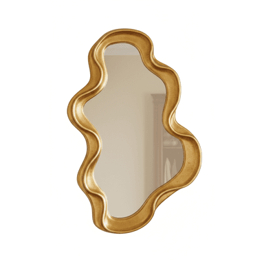 A decorative wall mirror featuring a unique, irregularly shaped frame finished in antique gold. The frame has a wavy, organic silhouette, and the mirror glass follows its intricate contours. The object is presented against a white background, highlighting its distinct form. — 3D model (AI enhanced source)