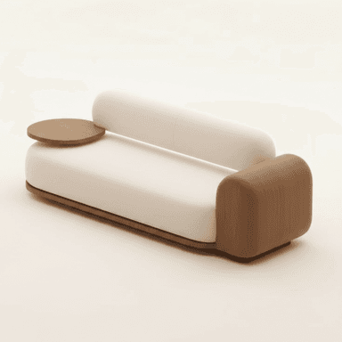 An asymmetrical minimalist sofa featuring a cream-colored upholstered seat and cylindrical backrest, with a rounded wooden armrest on one side and an integrated circular wooden side table on the other. — 3D model (AI enhanced source)