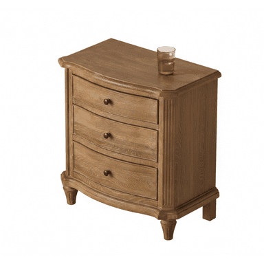 A traditional French Provincial style nightstand crafted from light-toned oak wood, featuring three drawers with elegantly bowed fronts. The sides are adorned with vertical fluting, and the piece rests on ornate, turned front feet and block rear feet. Each drawer is fitted with a small, dark metal knob, enhancing its classic aesthetic. — 3D model (AI enhanced source)