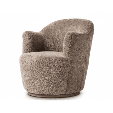 A barrel-shaped chair, fully upholstered in a textured, boucle-like fabric, with a round, low-profile base. — 3D model (AI enhanced source)