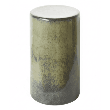 A cylindrical ceramic stool or accent table with a mottled, two-tone glazed finish, transitioning from olive green to dark grey. — 3D model (AI enhanced source)