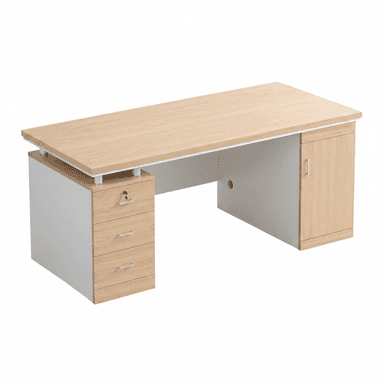 A rectangular office desk featuring a light wood-look laminate tabletop and drawer/cabinet fronts, contrasted with white or light gray side panels and base. It includes an integrated three-drawer unit on the left, with a lockable top drawer, and a single-door cabinet on the right. The tabletop is elevated above the left storage unit by short, cylindrical metal risers, creating a floating appearance. A cable management grommet is visible on the central back panel. — 3D model (AI enhanced source)
