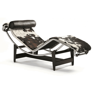 A Le Corbusier LC4 Chaise Lounge, featuring a curved polished chrome steel frame and black lacquered steel base, upholstered with a cowhide cover and a black leather cylindrical headrest. — 3D model (AI enhanced source)
