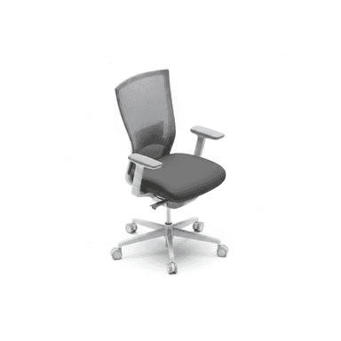 A modern ergonomic office chair with a grey mesh back, upholstered dark grey seat, adjustable armrests, and a five-star white base with casters. — 3D model (AI enhanced source)