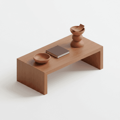 A rectangular coffee table featuring a seamless waterfall edge design, crafted from light brown wood. The table has a minimalist aesthetic and is presented with decorative objects, including a dark book, a small terracotta bowl, and a terracotta sculptural piece with a wooden element. — 3D model (AI enhanced source)