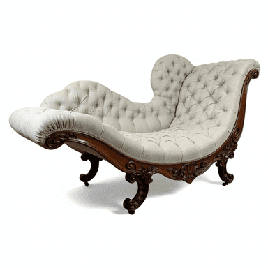 An ornate chaise lounge featuring a dark, elaborately carved wooden frame and light-colored button-tufted fabric upholstery. The design incorporates scrolled elements on the frame, armrest, and backrest, alongside cabriole legs. The asymmetrical form is designed for reclining comfort. — 3D model (AI enhanced source)