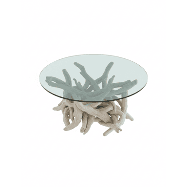 A coffee table featuring a circular glass top supported by a base constructed from intertwining, bleached wood branches. The base has a sculptural, organic form reminiscent of driftwood. — 3D model (AI enhanced source)