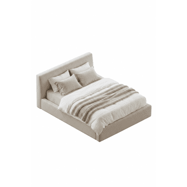An upholstered platform bed featuring a clean, minimalist design. The entire frame, including the integrated headboard, is covered in a light beige or greige textured fabric. The headboard is rectangular with subtly rounded corners, providing a soft silhouette. The bed is presented with white bedding and two sets of pillows in light neutral tones, topped with a chunky knit throw. — 3D model (AI enhanced source)