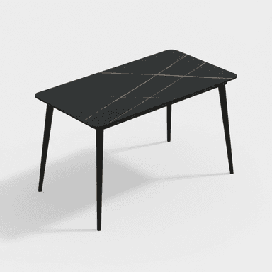 A contemporary rectangular table featuring a dark, possibly black or dark gray, faux marble top with metallic gold or copper-toned veining, and supported by four slender, tapered black legs. — 3D model (AI enhanced source)
