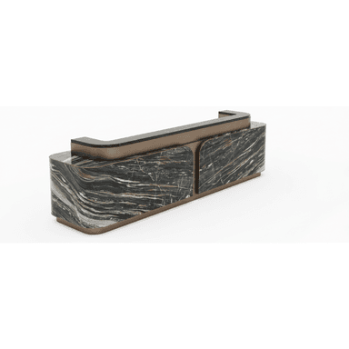 A sophisticated modern reception desk, featuring a substantial body crafted from black and gold veined marble. The desk incorporates rounded corners and two distinct front panels, accented by a metallic bronze-finished frame that wraps around the base and between the marble sections. A raised, L-shaped counter section, also in a dark, possibly stone or metallic finish, sits atop the main structure, supported by the bronze-finished frame. — 3D model (AI enhanced source)