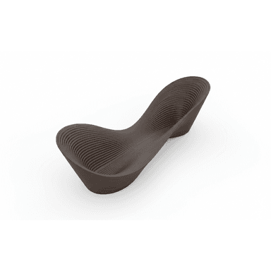 A contemporary, sculptural chaise lounge featuring an undulating, ergonomic form and a distinctive ribbed, layered texture. The dark brown finish suggests a rich wood or composite material, designed for a single occupant to recline comfortably. Its organic shape and streamlined appearance define a modern, artistic design aesthetic. — 3D model (AI enhanced source)