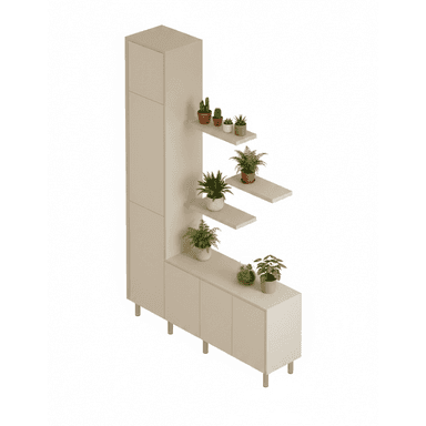 A modern, asymmetrical storage unit featuring a tall cabinet, a lower base cabinet, and integrated floating shelves, all in a neutral beige finish with metallic legs. — 3D model (AI enhanced source)
