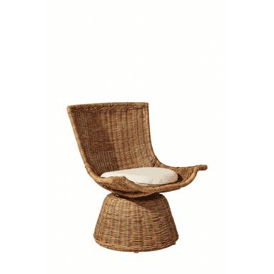 A vintage-style woven rattan swivel chair with a high back and a cylindrical base, featuring a light-colored seat cushion. — 3D model (AI enhanced source)