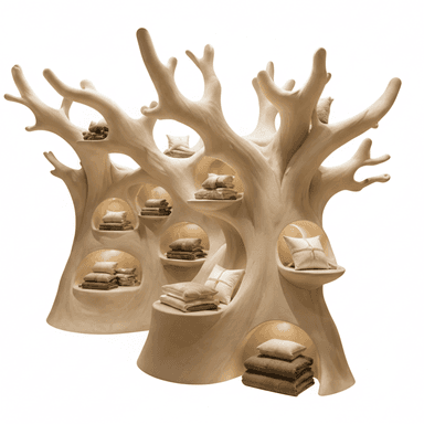 A pair of sculptural, organic tree-shaped display units, rendered in a light beige composite material. Each unit features multiple recessed, illuminated shelves or niches designed to hold and showcase items such as textiles or decorative objects. The forms are smooth, curvilinear, and abstract, resembling natural tree branches and trunks, with a modern, artistic sensibility. — 3D model (AI enhanced source)