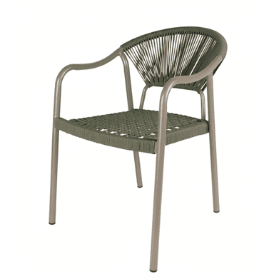 A modern armchair featuring a robust metal frame and intricate olive green woven cord detailing for both the seat and backrest. The frame is a muted taupe, and the backrest showcases a radial pattern of individual cords, contrasting with the tighter, braided weave of the seat. The chair is designed with integral armrests that flow seamlessly from the back legs. — 3D model (AI enhanced source)