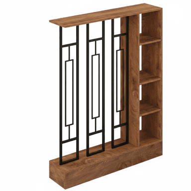 A modern freestanding room divider featuring a decorative metal screen and integrated shelving units. The frame is constructed from a wood-look material, while the central element consists of black metal with a geometric pattern. — 3D model (AI enhanced source)