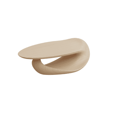 A low, sculptural coffee table characterized by its fluid, biomorphic shape crafted entirely from light-toned wood. The design features a continuous, seamless form where the tabletop gently curves downwards to create the base, eliminating distinct legs and offering a visually striking, organic silhouette. — 3D model (AI enhanced source)