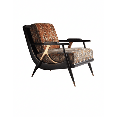 A modern armchair with a curved black frame, featuring upholstered seat and backrest with a geometric pattern in shades of orange, brown, and beige. The armchair has distinct armrests and tapered legs with brass-colored accents. — 3D model (AI enhanced source)