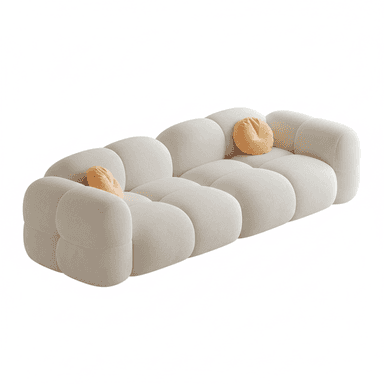 A long, contemporary, off-white modular sofa featuring a distinctive bubbly design with rounded, bulbous cushions. The sofa has a low profile and a soft, inviting appearance, made from textured fabric. Two small, round, orange accent pillows are placed on the sofa. — 3D model (AI enhanced source)