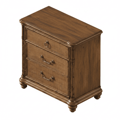 A compact, three-drawer nightstand crafted from dark-toned wood with decorative cane drawer fronts and bamboo-inspired vertical pilasters. It features antiqued metal hardware and stands on bun feet. — 3D model (AI enhanced source)