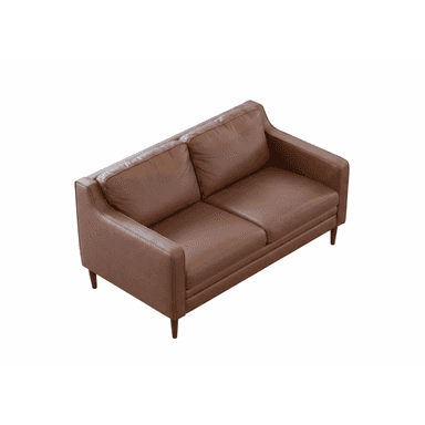 A contemporary or mid-century modern two-seater sofa, upholstered in warm brown leather, featuring clean lines, track arms, and four slender, tapered wooden legs. — 3D model (AI enhanced source)