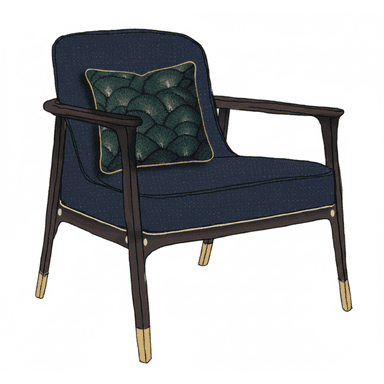 An upholstered armchair featuring a dark-stained exposed wooden frame, navy blue fabric upholstery, and brass leg caps, accompanied by a decorative throw pillow with a green fan pattern. — 3D model (AI enhanced source)