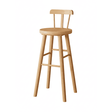 A minimalist bar stool crafted from light-colored wood, featuring a round, slightly contoured seat and a simple backrest composed of two vertical spindles and a curved top rail. It stands on four tapered legs reinforced by two sets of horizontal stretchers that serve as footrests. — 3D model (AI enhanced source)