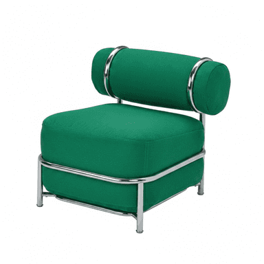 A contemporary single-seater lounge chair featuring a polished chrome-plated tubular metal frame, a thick boxy seat cushion, and a distinctive cylindrical bolster backrest, all upholstered in a vibrant green fabric. — 3D model (AI enhanced source)