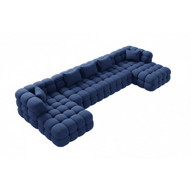 A large, modular sectional sofa upholstered in a textured, deep blue fabric. The sofa features a unique design with numerous rounded, cushion-like modules forming the seat, back, and arms, creating a bubble-like appearance. It includes several accompanying square throw pillows in the same blue fabric. — 3D model (AI enhanced source)