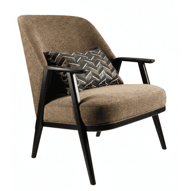 A modern upholstered lounge chair with a visible black wooden frame and tapered legs, featuring a textured brown fabric and a patterned throw pillow. — 3D model (AI enhanced source)