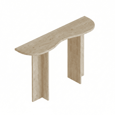 A D-shaped console table crafted entirely from beige travertine, featuring a solid, monolithic construction. — 3D model (AI enhanced source)