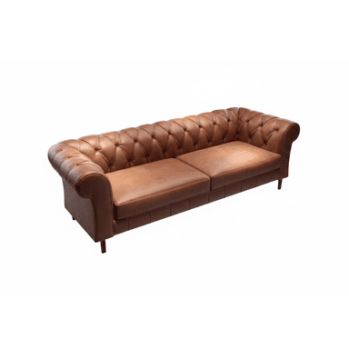 Brown leather Chesterfield style sofa with deep button tufting on the backrest and rolled arms, featuring two separate seat cushions and dark, tapered legs. — 3D model (AI enhanced source)