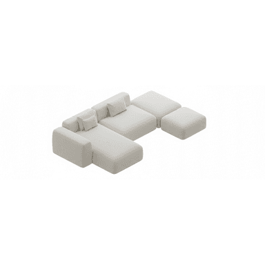 A light beige, contemporary modular sectional sofa. The configuration includes a chaise lounge section, an armless seating module, a corner module with backrests, and two separate ottoman-style modules. All pieces are upholstered in a light-colored, textured fabric, featuring soft, rounded edges and a low-profile design, suggesting a modern and minimalist aesthetic. — 3D model (AI enhanced source)