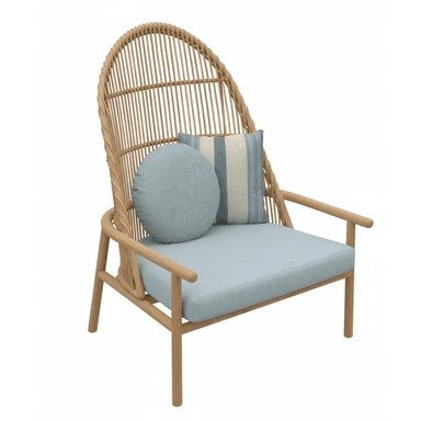 A contemporary lounge chair featuring a light-toned solid wood frame and an intricately woven natural rattan backrest. The chair is equipped with a thick, light blue fabric seat cushion and two decorative throw pillows, one round and solid light blue, and one rectangular with blue and white stripes. The design emphasizes natural materials and a relaxed aesthetic. — 3D model (AI enhanced source)