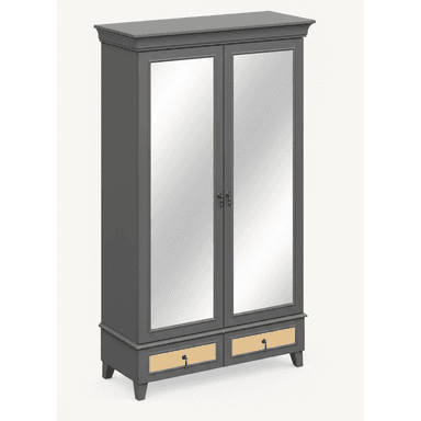 A dark grey wooden wardrobe featuring two full-length mirrored doors in the upper section and two lower drawers with natural rattan fronts and brass key-shaped handles. It has a stepped cornice top and tapered, splayed feet, presenting a transitional design aesthetic. — 3D model (AI enhanced source)