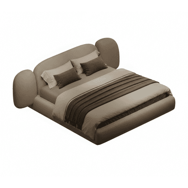 A contemporary upholstered platform bed featuring a low-profile frame and a distinctive, organically shaped headboard with integrated side bolsters. The bed is covered in a light beige or taupe fabric, creating a soft, inviting aesthetic. The headboard curves gently upwards and extends to form rounded, supportive bolsters on either side, providing a cozy enclosure. The bedding shown includes light neutral tones with a brown throw blanket and accent pillows. — 3D model (AI enhanced source)