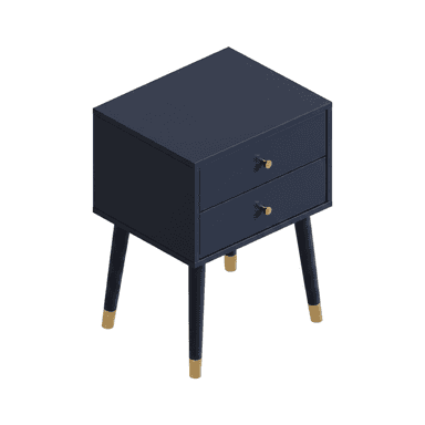 A compact, dark navy blue nightstand featuring two drawers, spherical brass hardware, and four tapered legs with matching brass caps. Its design suggests a contemporary or modern aesthetic, ideal for bedside use or as an accent piece. — 3D model (AI enhanced source)