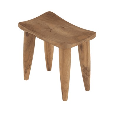 A rustic solid wood stool featuring a distinctly curved, saddle-shaped seat and four splayed, tapered legs. The natural wood grain is prominent, and the stool appears to be constructed from a single type of hardwood with a clear, natural finish. It is backless and designed for single-person seating or as an accent piece. — 3D model (AI enhanced source)