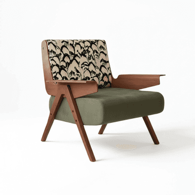 A stylish Mid-Century Modern inspired lounge armchair featuring an exposed wooden frame, a patterned upholstered backrest, and a solid-colored upholstered seat cushion. The wood frame is a warm brown, complementing the olive green seat and the black and cream abstract pattern on the backrest. The design incorporates clean lines and angled legs, typical of the era. — 3D model (AI enhanced source)