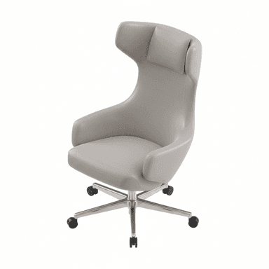 A modern high-back swivel office chair upholstered in light grey fabric, featuring integrated padded armrests, an ergonomic backrest with a separate headrest cushion, and a five-star polished metal base with casters for mobility. — 3D model (AI enhanced source)