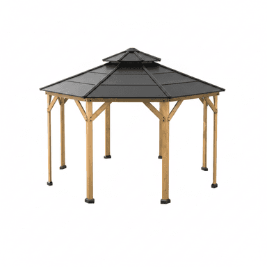 An octagonal gazebo featuring a natural wood frame with support beams and a multi-tiered, black metal roof. The structure is designed for outdoor placement, providing shelter and a focal point for gardens or patios. — 3D model (AI enhanced source)