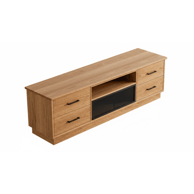A long, low wooden cabinet featuring multiple storage options. It includes four drawers with black bar handles, an open central shelf, and two central cabinet doors with a black mesh-like front, all resting on a recessed plinth base. — 3D model (AI enhanced source)