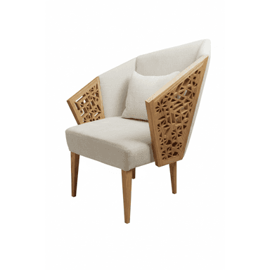 A modern armchair featuring a high, angular backrest and a cushioned seat and back. The armchair has distinctive wooden armrests with intricate geometric cutouts. The legs are tapered and made of wood. — 3D model (AI enhanced source)