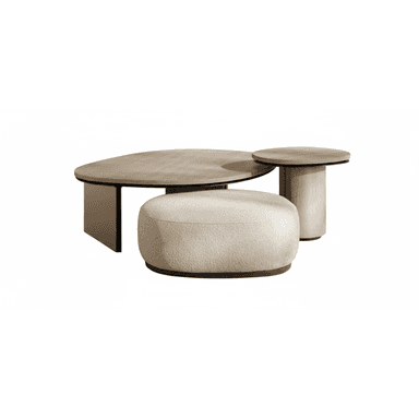 A contemporary modular furniture set featuring an organic-shaped coffee table, a cylindrical side table, and a rounded upholstered ottoman. The tables are constructed from light-toned wood with dark base accents, while the ottoman is covered in a textured, light-colored boucle fabric. — 3D model (AI enhanced source)